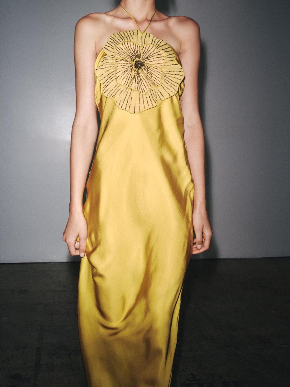 Zara Gold Satin Halter Maxi Dress with 3D Flower - Picture 3 of 3